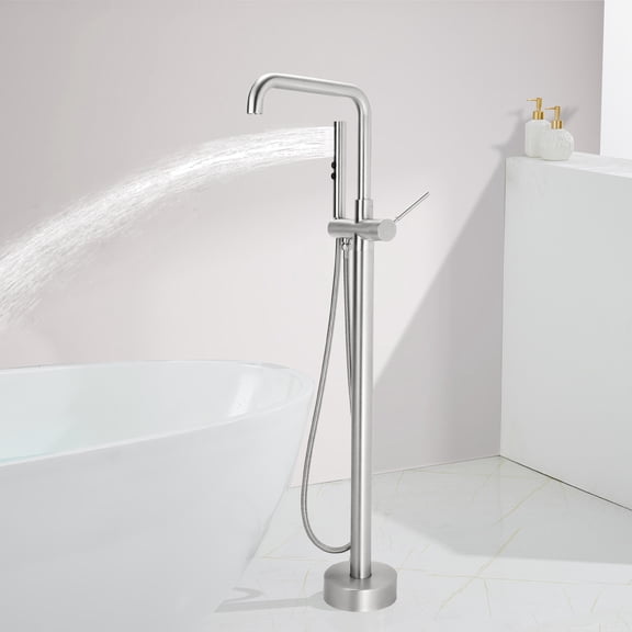 SUNRINX Brushed Nickel Freestanding Tub Faucets, Single Handle Free Freestanding Tub Faucet With Brass Two-Function Handshower, Max 6 GPM Floor Mount Tub Filler With 360° Rotating Spout