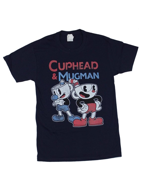 Cuphead Mens T-Shirt - Cuphead & mugman standing Under Logo Image (3X-Large)