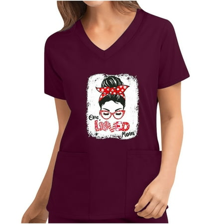 

8th of May Scrub Tops for Women Mother s Day Pockets Tops Short Sleeve V Neck Stretch Nurse Top