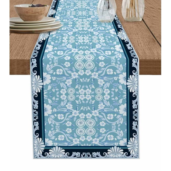 Hokiten Table Runners 36 Inches Long Dress Scarves, Light Blue White Flowers Farmhouse Kitchen/Dining Table Runner, Short Coffee Tablerunners, Rustic Vintage Botanical Leaves 13x36 Inch