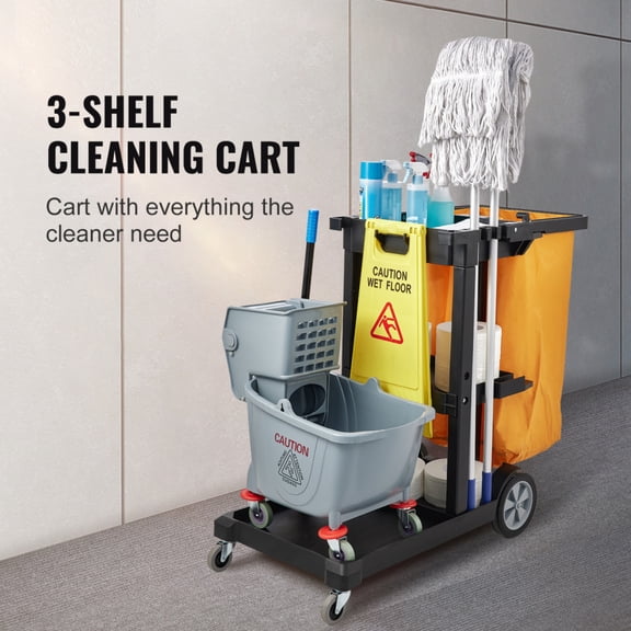 3 Shelf Commercial Janitorial Cleaning Cart 200 lbs Capacity Plastic Housekeeping Cart with 25 Gallon PVC Bag 47 x 20 x 38.6in Yellow Black