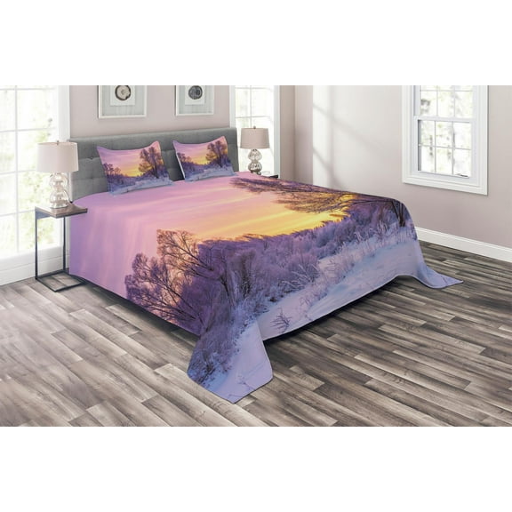 Ambesonne Winter Quilted Coverlet 3 Pcs, Landscape with Sunset, Queen Size, Pink White