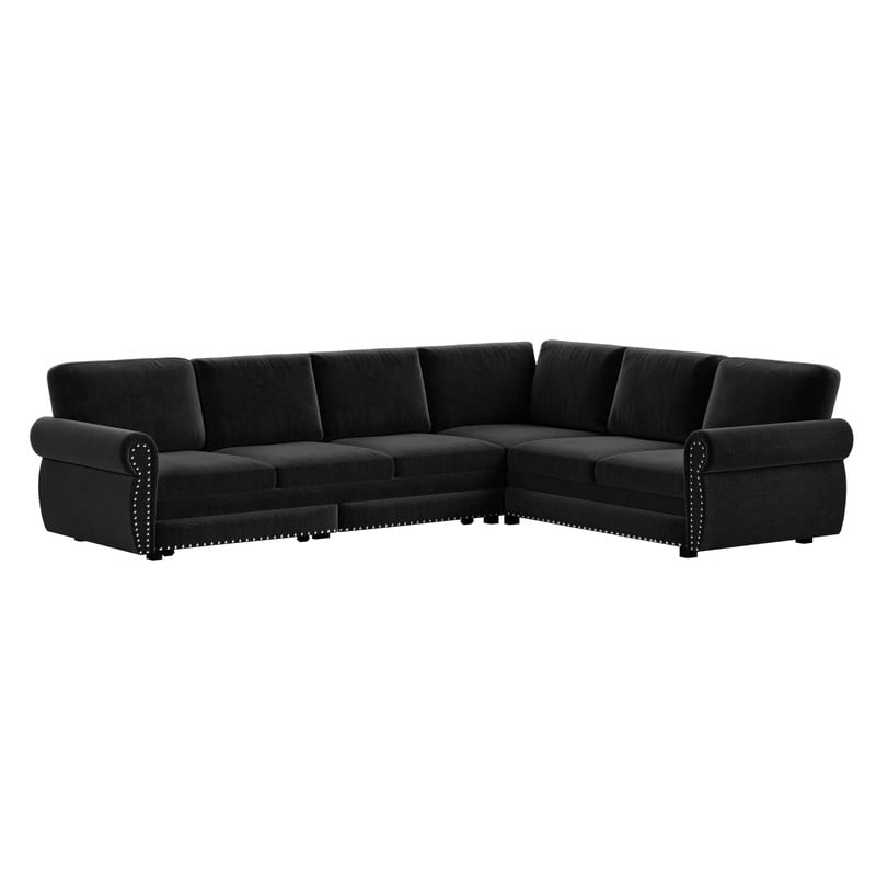 118" L-Shaped Convertible Sleeper Couch Bed, Chenille Upholstered Sectional Sofa with Pull-Out Sofa Bed, Modern Chesterfield Sofa for Living Room
