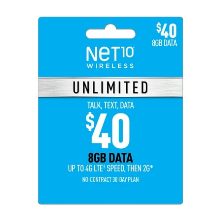 Net10 $40 Unlimited 30 Day Plan (8GB of data at high speed, then 2G*) (Email