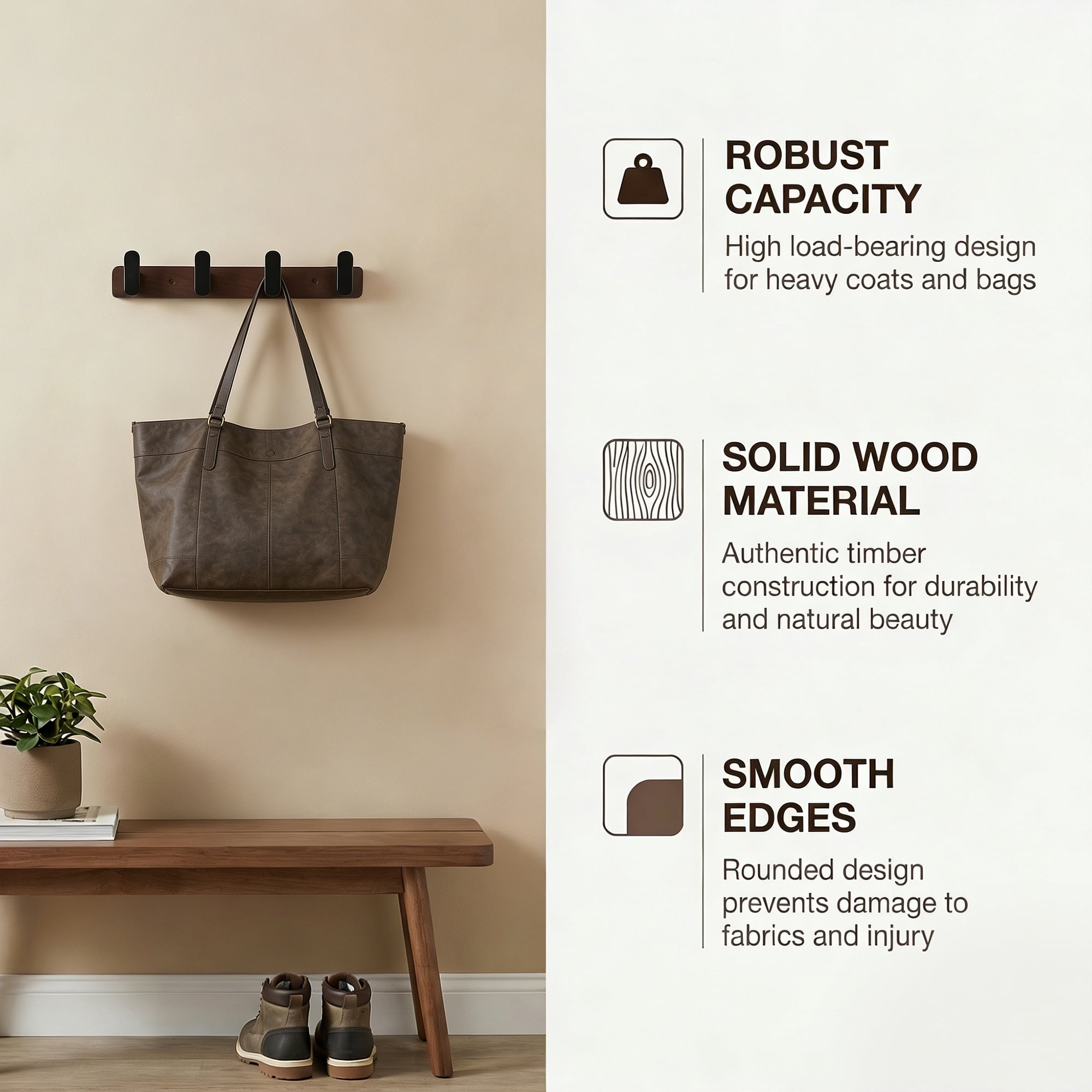 Unique Bargains Coat Rack Wall Mount Aluminum Wood 4 Hooks for Hanging Entryway Black