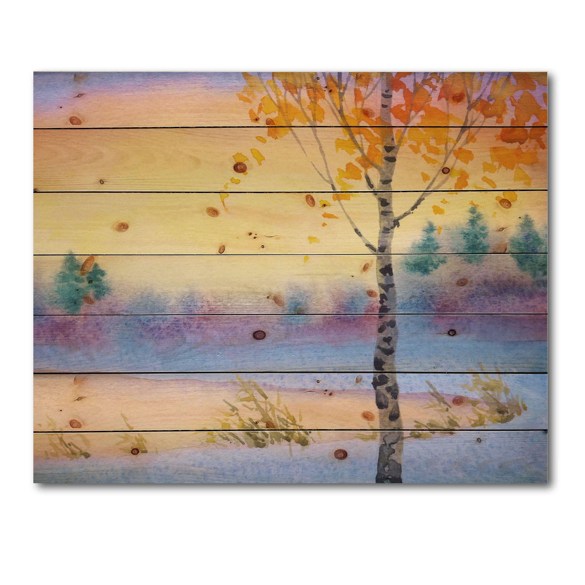 Designart 'Evening Sky Over Lake Winter Landscape' Traditional Print on Natural Pine Wood