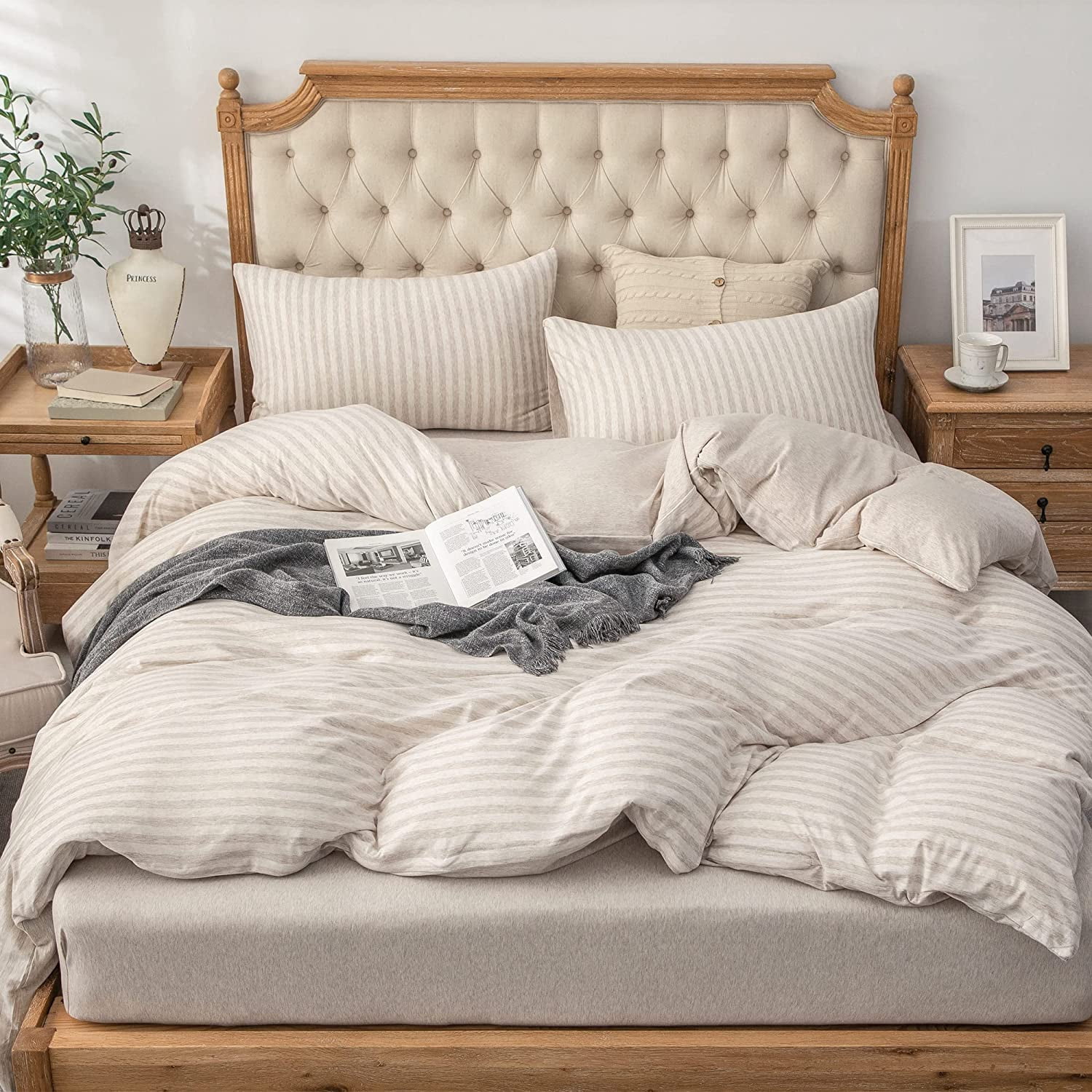 PURE ERA 100% Ultra Soft Jersey Knit Duvet Cover 3Piece Set BreathableT-Shirt Cotton Beige Stripe Full Size