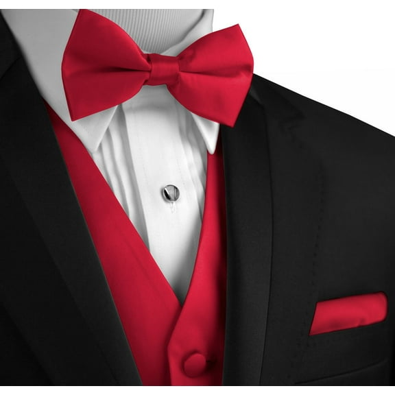 "BEST TUXEDO" Men's Formal, Wedding, Prom, Homecoming, Tuxedo Vest, Bow-Tie & Hankie Set in Red