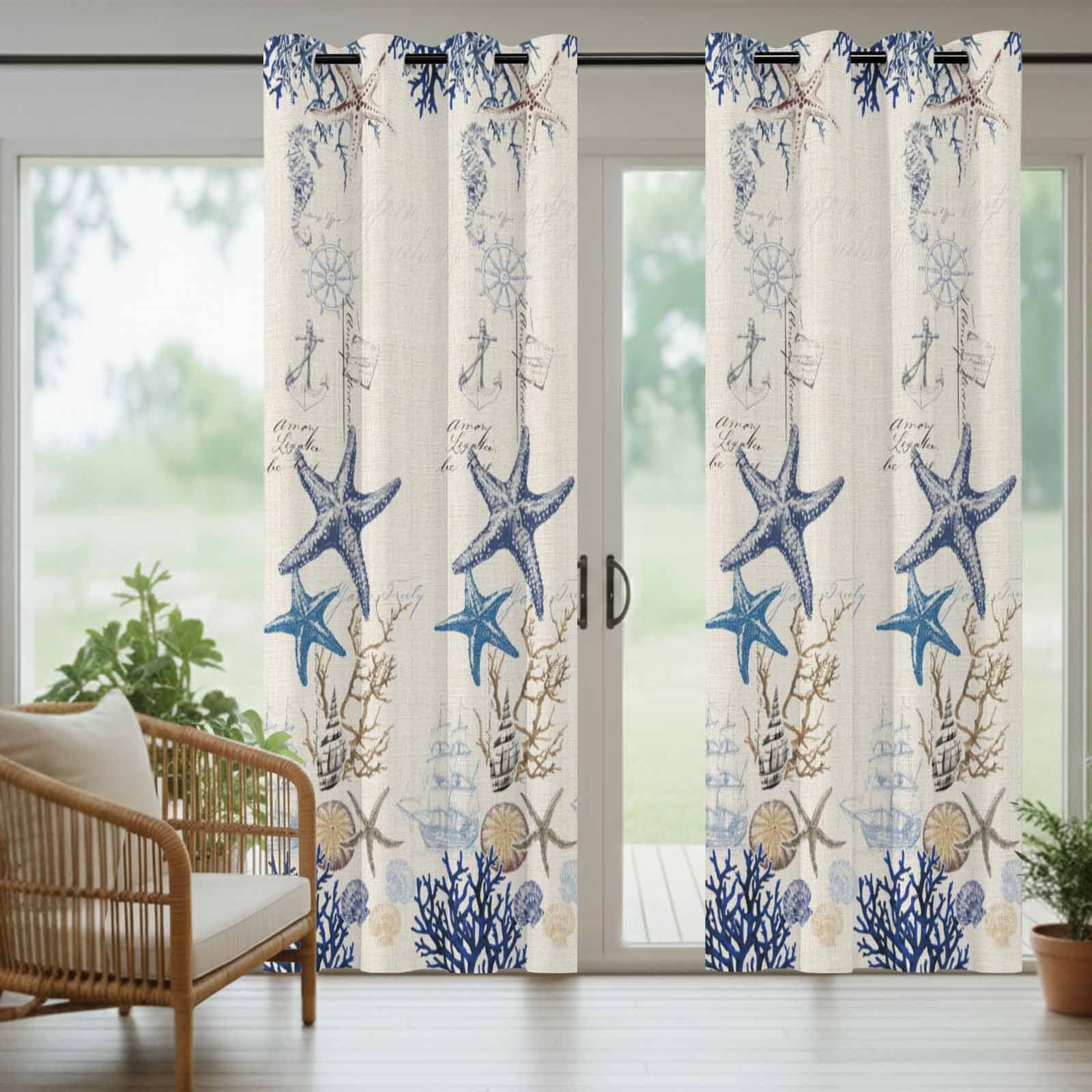 Purple Starfish Outdoor Curtains for Patio, Coastal Ocean Coral Conch Sand Dollars Linen Texture Sunshade Privacy Drapes Grommet Waterproof Outside Curtains for Porch/Cabana/Balcony 54"x108", 1 Panel