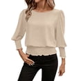 thumbnail image 2 of Fewfanhot Womens T Shirts Smocked Tops Elastic Dressy Blouse 3/4 Length Sleeve Casual Outfits, 2 of 8