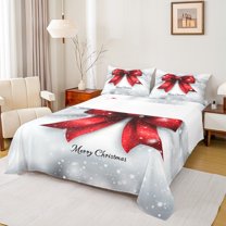 Manfei Red Kawaii Bowknot Full Size Sheets, Merry Christmas Bed Sheets, Glitter Winter Snowflake Sheet Sets, Breathable Home Decor, 4pcs