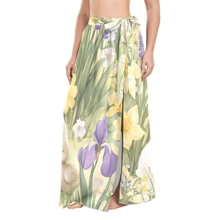 FORMRS Beach Sarong for Women Semi-Sheer Wrap Skirt Swimsuit Cover Up  Yellow Floral Rabbit