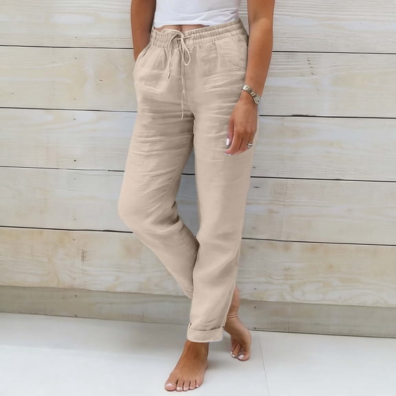 BUWTTER Pants for Women Lightweight Summer Trousers Linen Lightweight Jogging Bottoms Elegant Hiking Oversized Slacks for Women Beige L