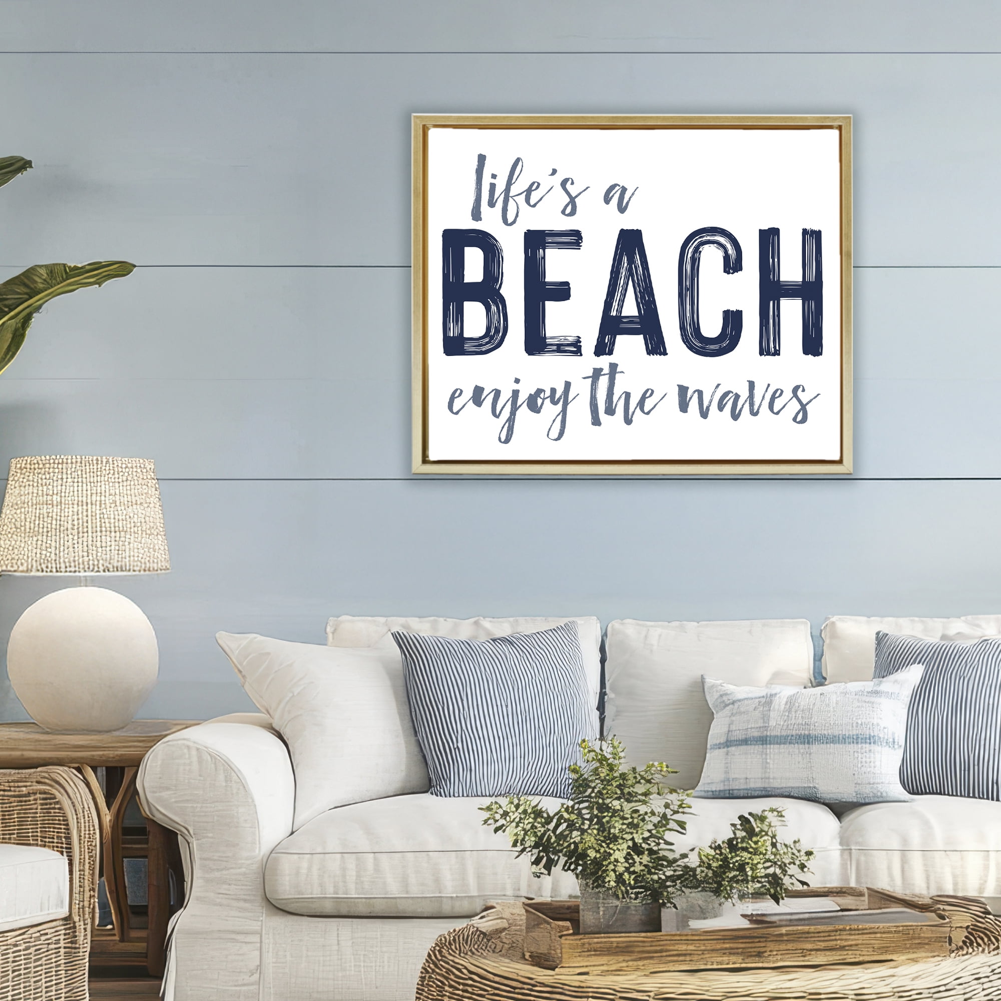 Summer Sentiment Enjoy Waves Gold Framed Floater Canvas Wall Art, design by Lettered and Lined