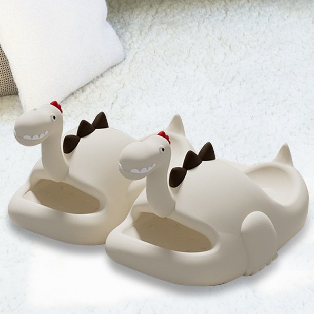 Pantuflas de dinosaurio Diapositivas lindas 3D Dinosaurio Punta abierta Antideslizante Suave Cómodo Secado rápido (37-38) Blanco