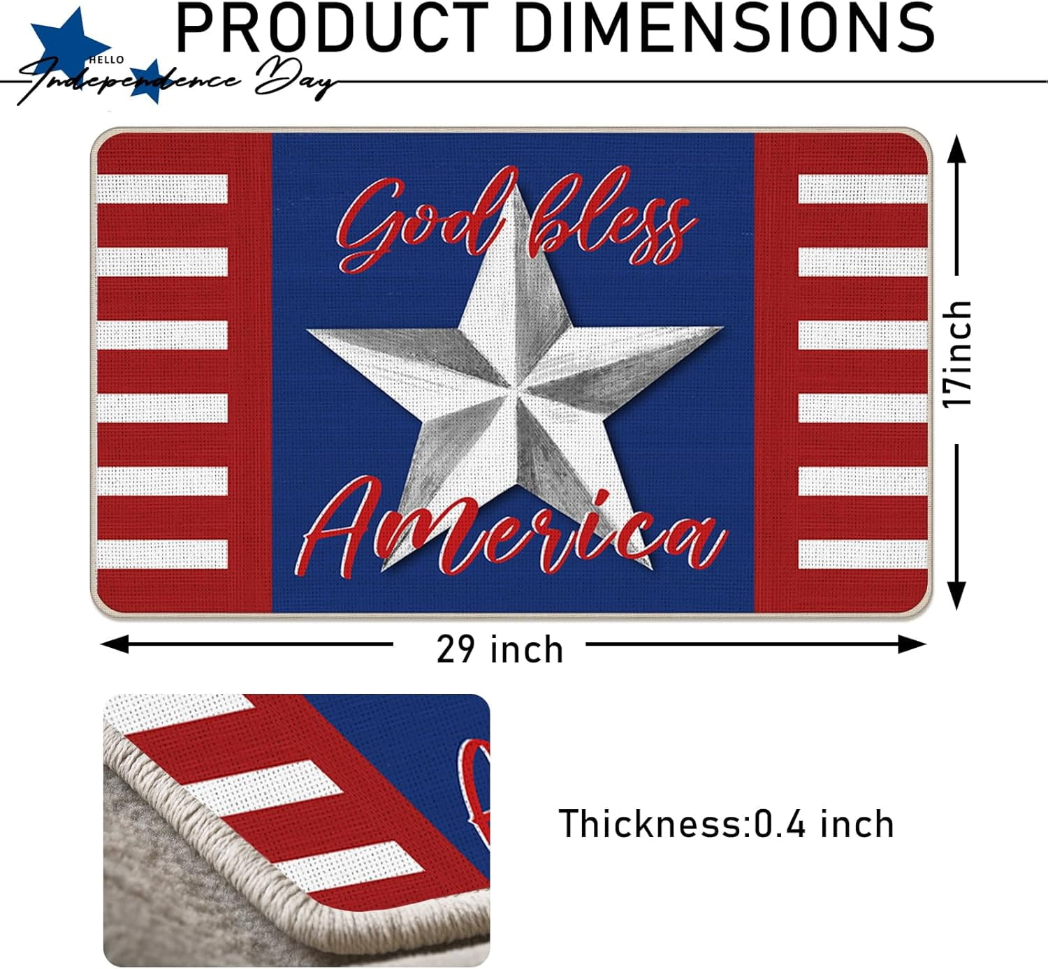 God Bless America 4th of July Patriotic Decorative Front Door Mat, USA Stars Stripes Doormat Indoor Outdoor Non-Slip Floor Entryway Rug, American Home Kitchen Decoration 17x29 Inch