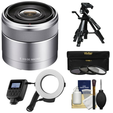 Sony Camera Lens Adapter Sony Alpha E-Mount E 30mm f/3.5 Macro Lens with Ringlight + 3 Filters + Tripod Kit for A7, A7R, A7S Mark II, A5100, A6000, A6300 Cameras ()