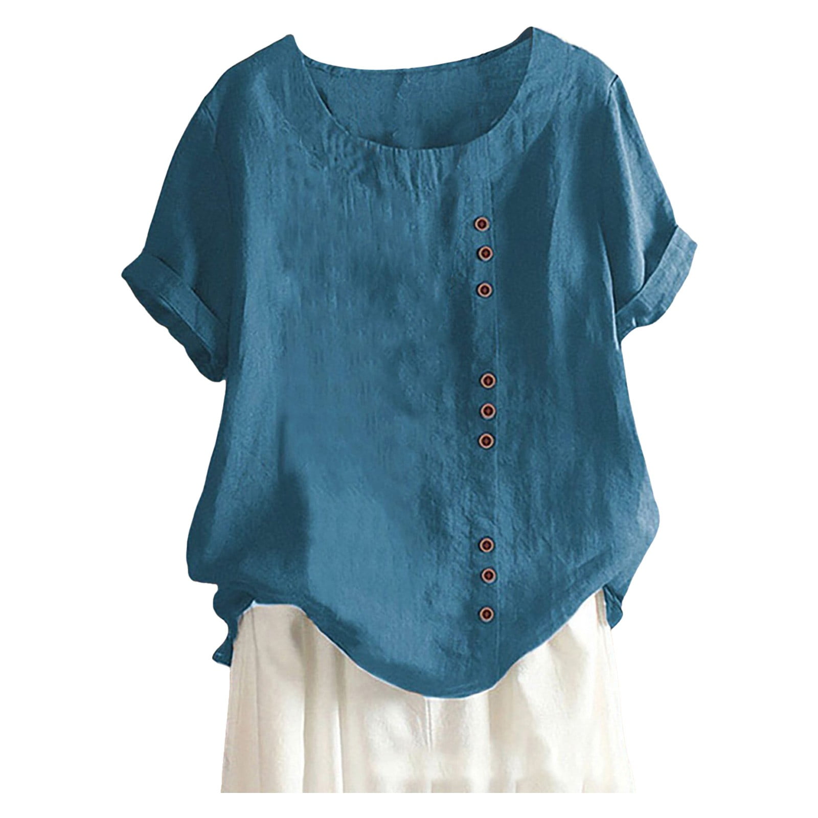 WEIYLL T Shirts for Women Plus Size Linen Loose Tunic Breathable Boho Solid Blue Blouse Sizes XXXXXL