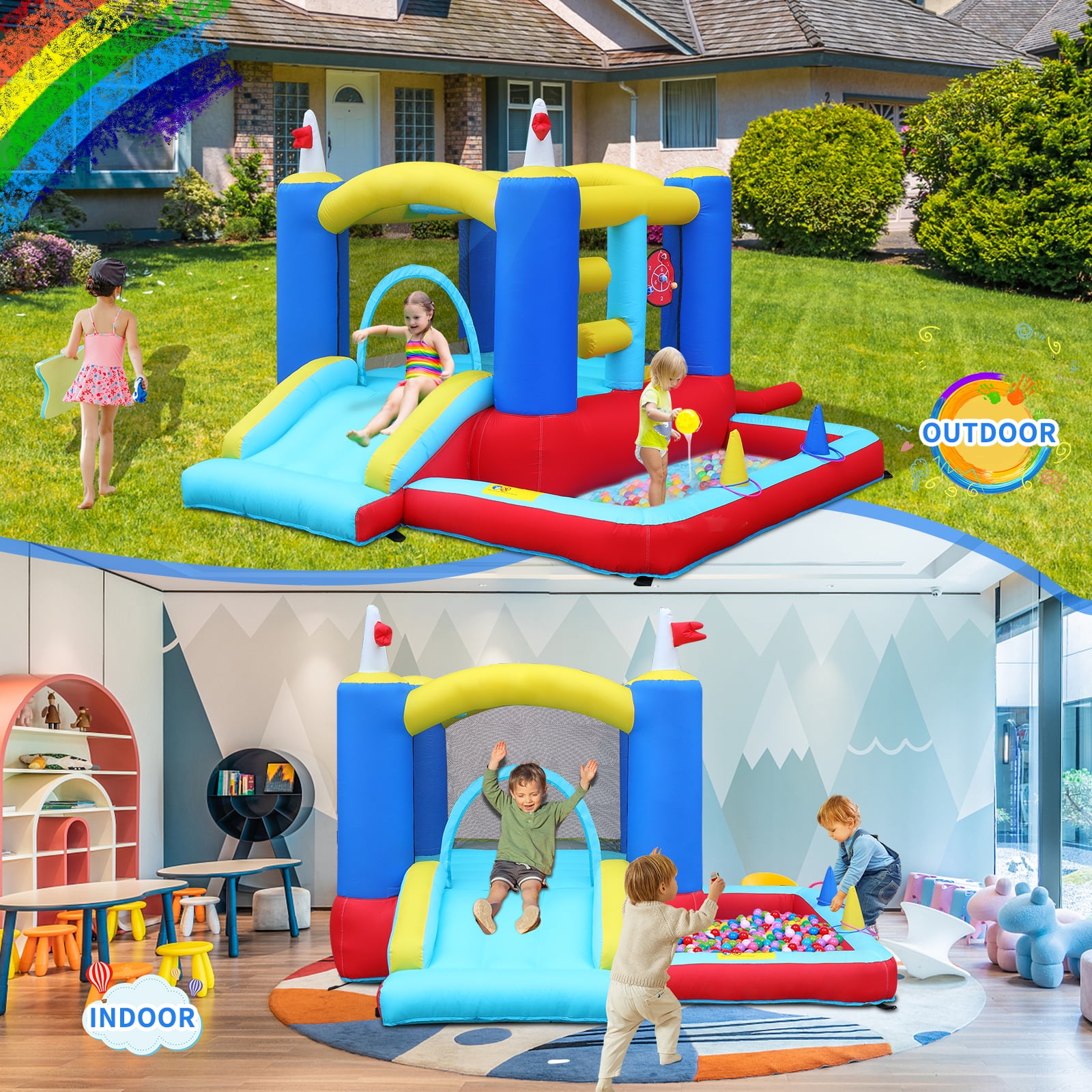 Ktaxon Inflatable Bounce House with Blower for Kids 3+, Indoor & Outdoor Bouncy Castle with Slide, Perfect for Birthday Parties, Backyard, Lawn
