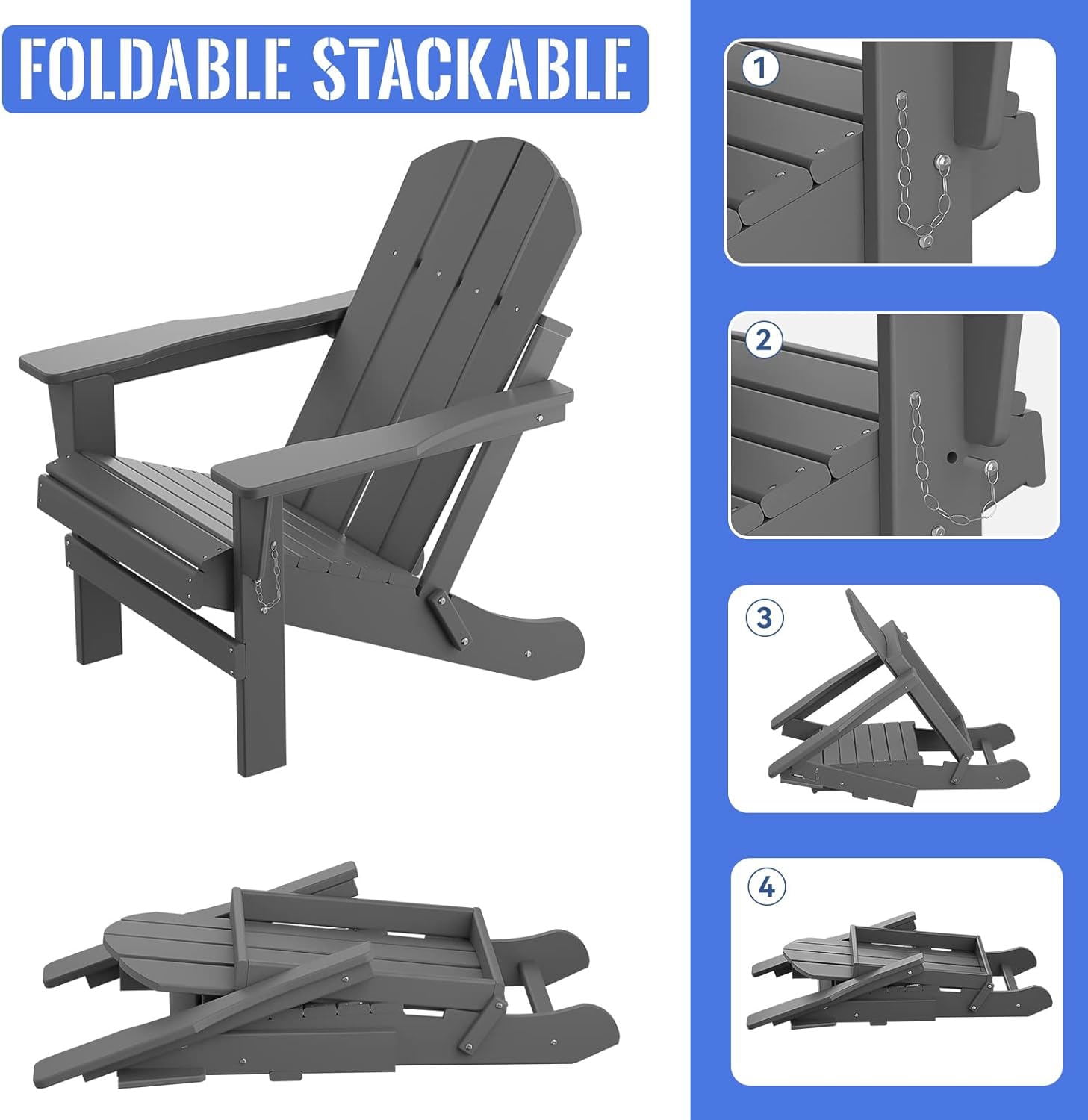 Banome All-Weather Folding Adirondack Chair - Stackable, Ergonomic Design, Relaxing Arm Rests - HDPE Construction
