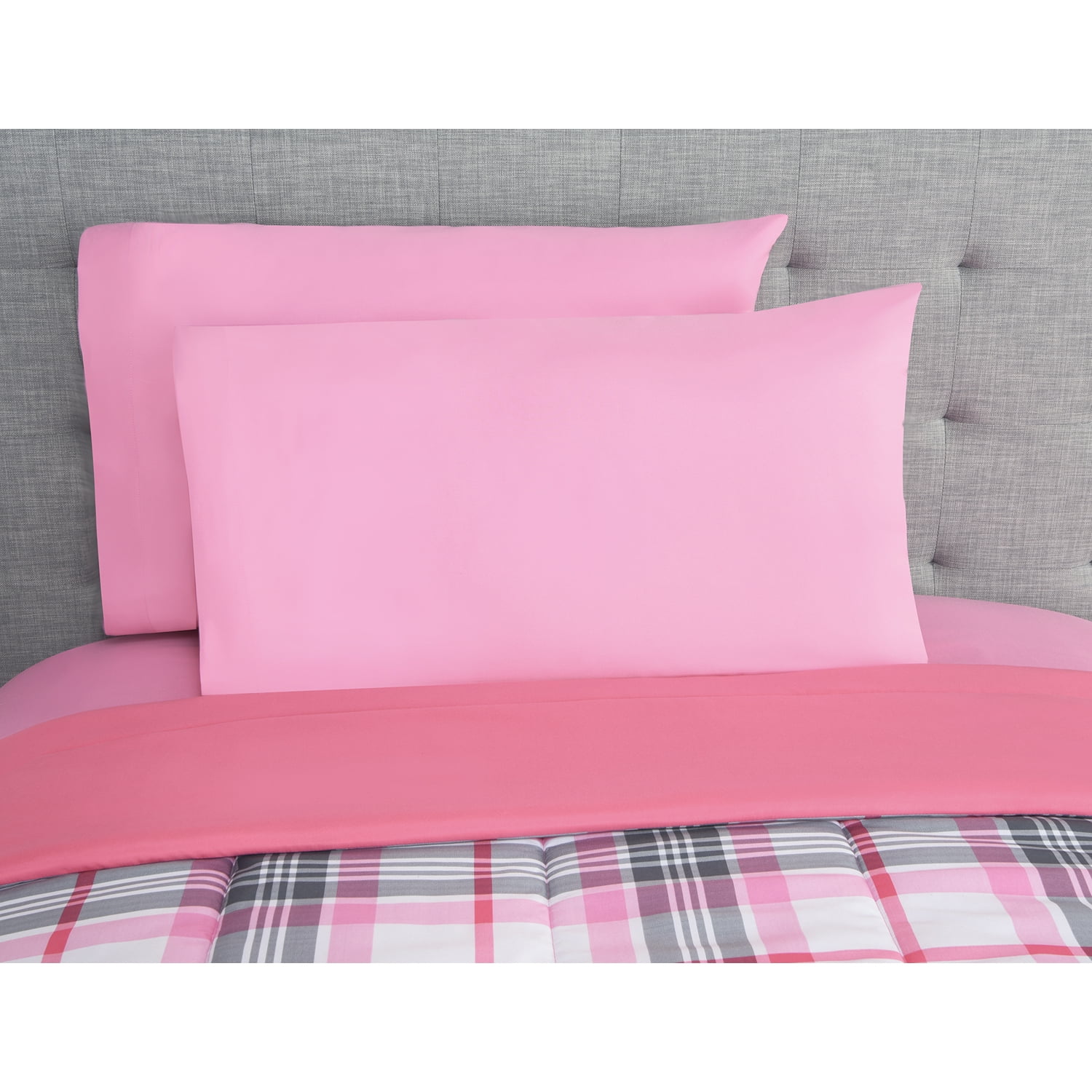 Mainstays Pink Plaid 8 Piece Bed in a Bag Comforter Set With Sheets, King
