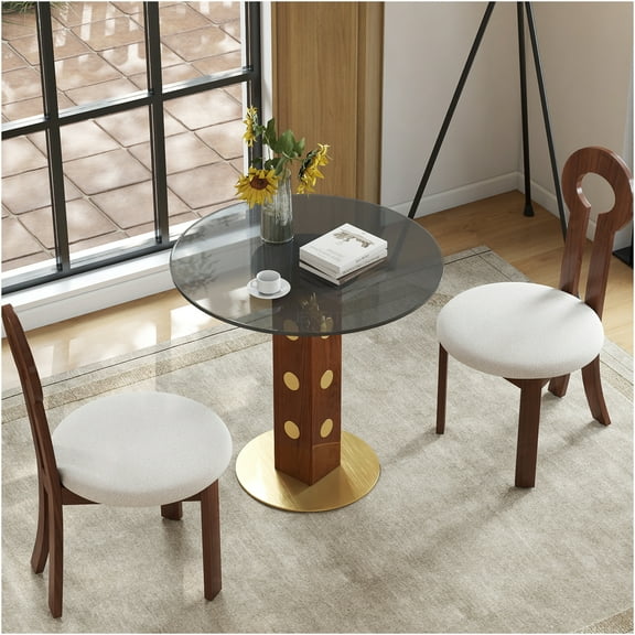 JERFIT Modern Round Glass Top Dining Table with Gold Base and Wood Leg for Small Space