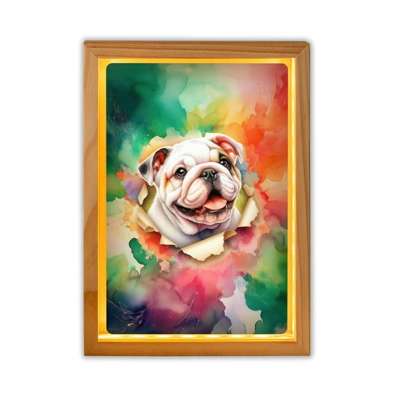 Funny Watercolor Adorable Bulldog Peeking Through Torn Paper Effect Acrylic Plaque with Wood Photo Frame Box Dog Lover Gifts Idea Light Box - 00026