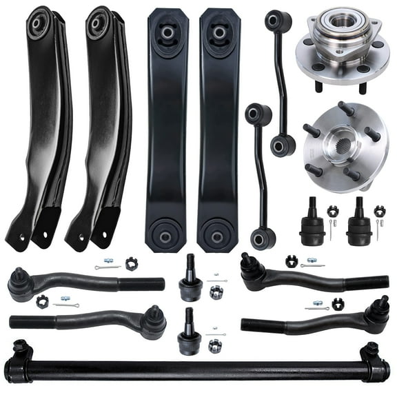 Detroit Axle - Front 17pc Suspension Kit for Jeep Grand Cherokee 1999 2000 2001 2002 2003 2004, 2 Wheel Bearing Hubs 4 Control Arms 4 Ball Joints 4 Tie Rods 2 Sway Bars 1 Sleeves Replacement