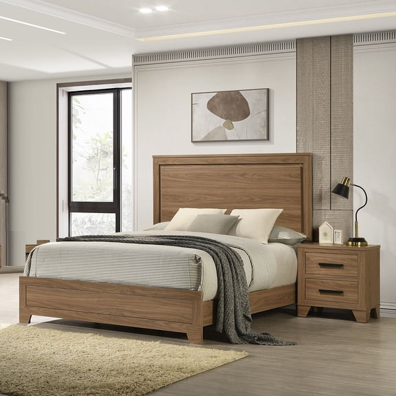 Walnut Est King Size Bed 2x Nightstands Bedroom 3pc Set Recessed Panel Headboard Wooden Transitional Bedroom