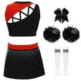 thumbnail image 2 of Alvivi Girls 5 Pieces  Cheer Leader Outfit Competition Fancy Dress Up Crop Top+Skirt+Headwear+Flower Balls+Socks A Red Black 12, 2 of 3