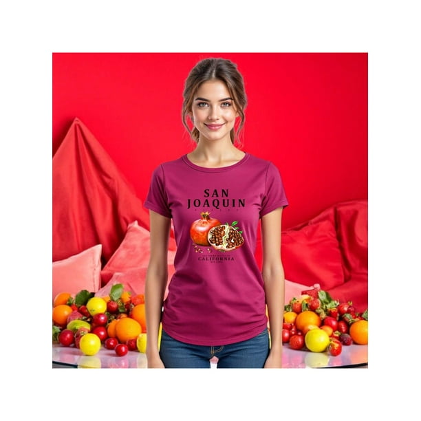 Playera Frutal Granadas San Joaquin Valley – Estilo Fresco con Sabor a Granada Ropa Para Mujer Color Rosa Dorado Talla Extra Grande Marca Emil SaEs