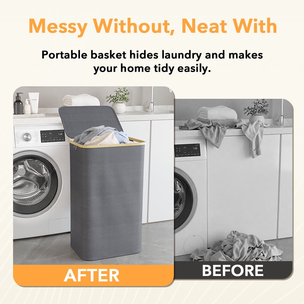 PLUMEBAY 110L Laundry Hamper with Lid, Large Foldable Clothes Basket with Bamboo Handles, Tall Fabric Hamper for Bedroom, Bathroom, Dorm, Grey