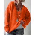 thumbnail image 6 of Women Soft Deep V Neck Drop Shoulder Lantern Long Sleeve Oversized Lazy Fit Solid Knit Sweater Orange XL, 6 of 8