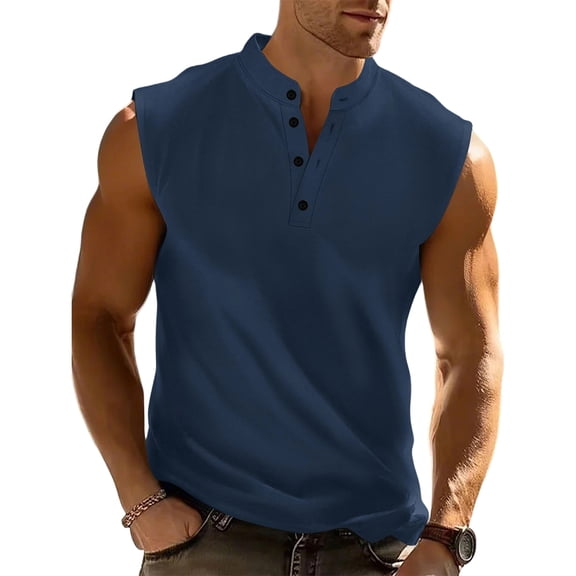 Tank Tops Men Fashion Sleeveless Slim Fit Henley Shirt Lightweight Workout Gym Men's Tank Tops Casual Basic Summer Beach Tops with Button Navy XL