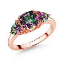 Gem Stone King 18K Rose Gold Plated Silver Green Mystic Topaz 3 Stone Engagement Ring for Women (3.20 Cttw, Gemstone Birthstone, Available in Size 5, 6, 7, 8, 9)