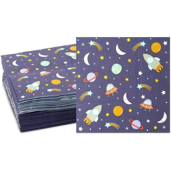 BLUE PANDA Rocket Ship Space Napkins - 5 x 5 in, 50-Count, 3-Ply Blue - Outer Space Party & Birthday Decorations - Kids Party Napkins