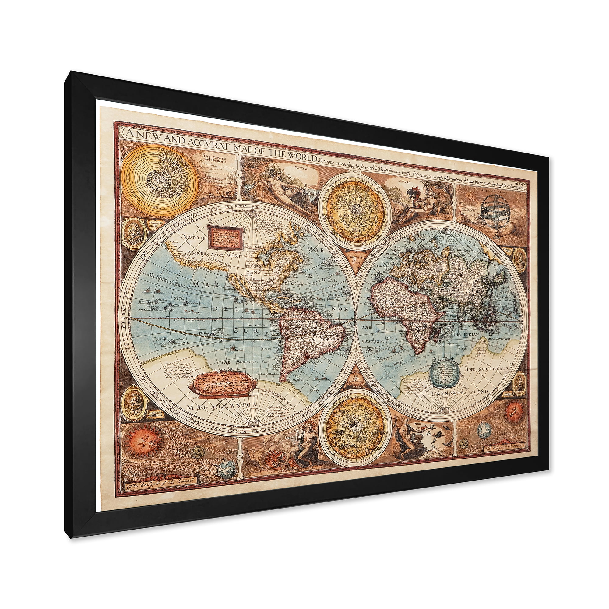 Designart 'Vintage Map of The World VIII' Vintage Framed Art Print