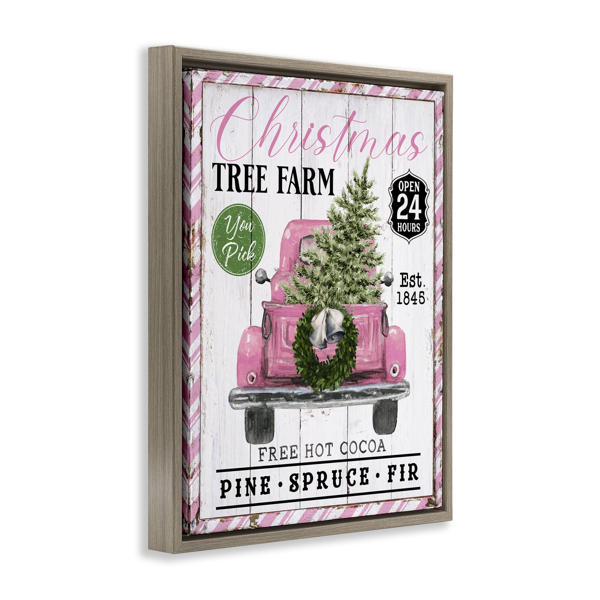 Stupell Industries Pink Christmas Tree Farm Holiday Painting Brown Floater Framed Canvas Art Prints Wall Art, 17 x 21