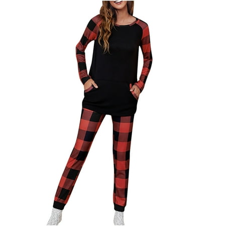 

Womens Matching Christmas Pajamas Sets Long Sleeve Crewneck Tops Pullover Loose Long Pants PJs Sets Loungewear Sleepwear