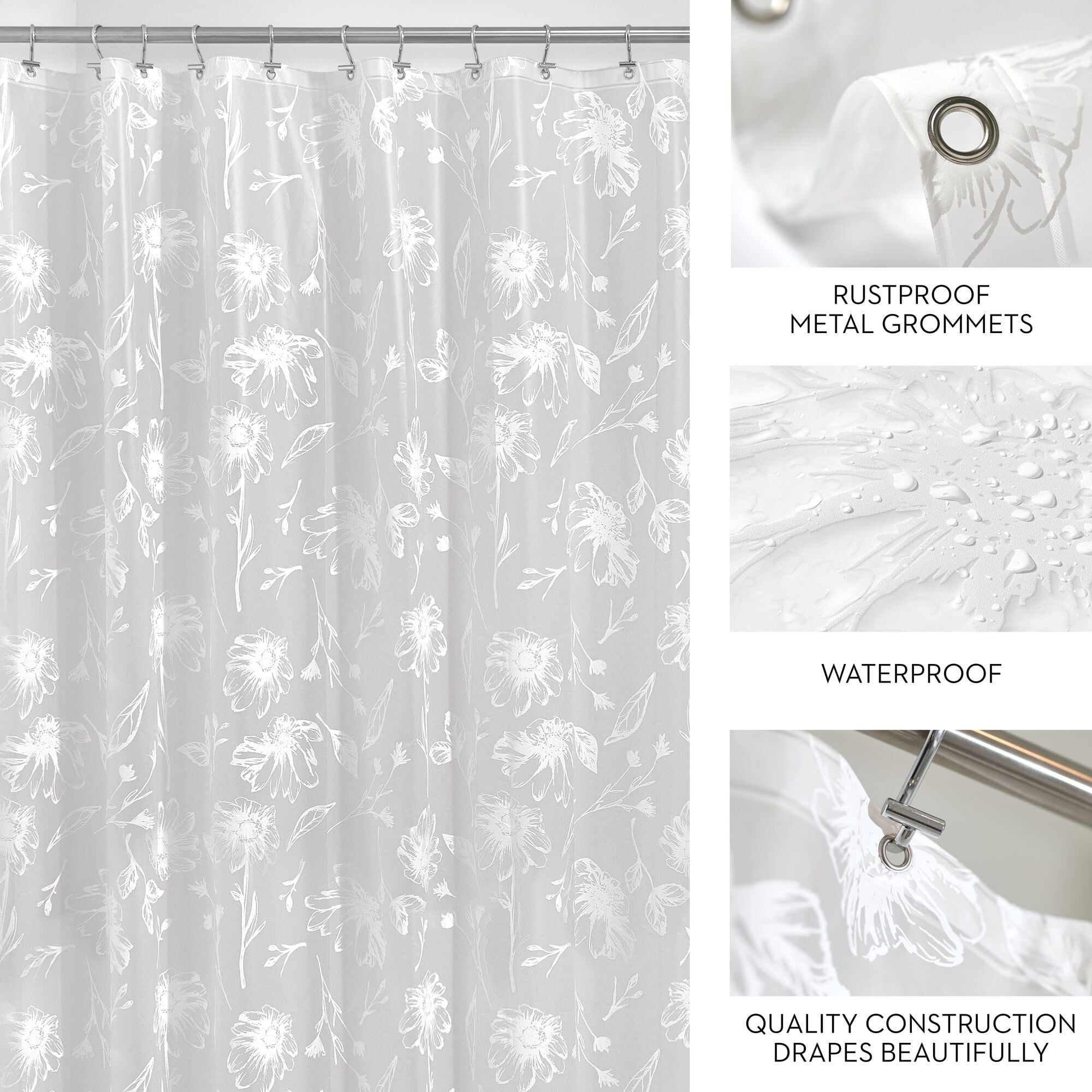 iDesign Waterproof PEVA Shower Curtain, Daisy, White/Frost