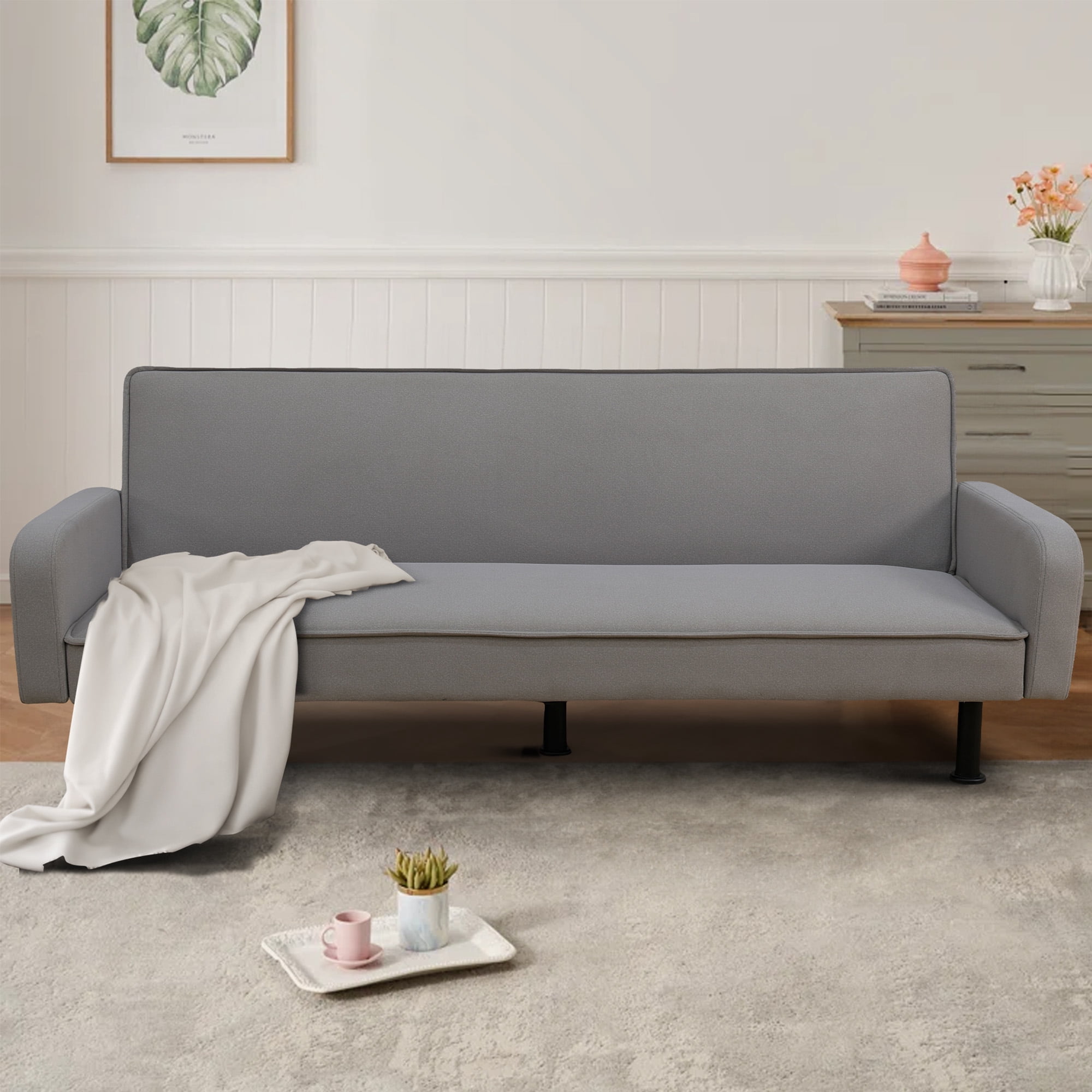 Aukfa 78" Square Arm Futon Sofa Bed Upholstered 3 Seat Couch for Home Office, Flannel, Gray