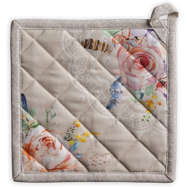Ibiza - Beige 100% Cotton Pot Holder with Loop Heat Resistant for BBQ | Cooking | Baking | Grilling | Microwave | Barbecue | Spring/Summer (8 Inch by 8 Inch)