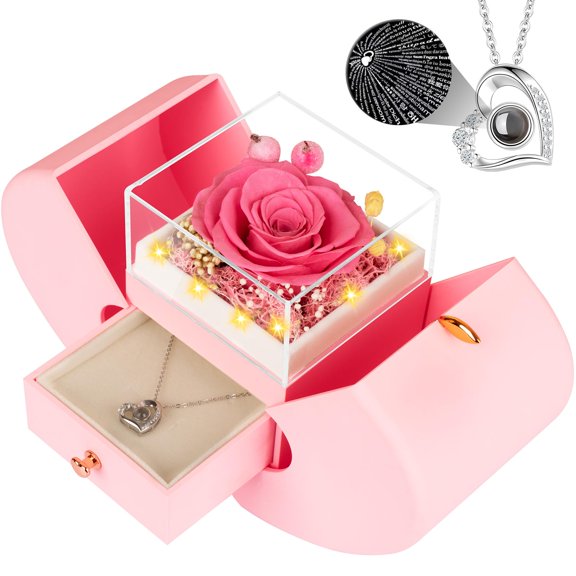 Rosa preservada con collar Lebana, regalo romántico rosa