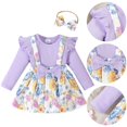thumbnail image 3 of GYRATEDREAM Newborn Baby Girl Cute Outfit Infant Ruffle Long Sleeve Bodysuit Romper Floral Print Suspender Dress Headband Set Toddler Fall Winter Clothes Purple for 0-18 Months, 3 of 8