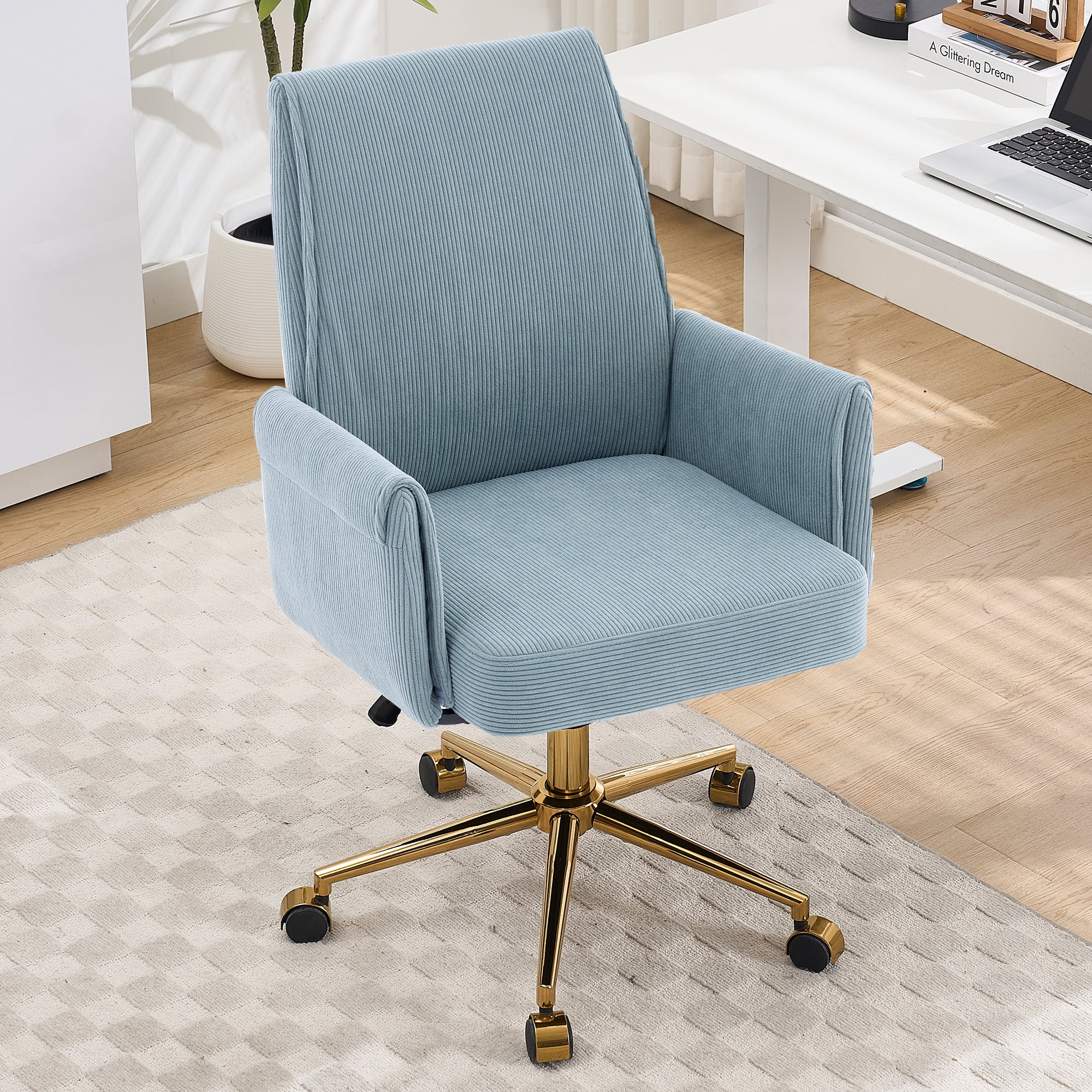 Leumius Mid-Back Liftable Office Chair with Striped Fabric and Ergonomically Designed Accent Chairs for Office Bedroom Dressing Table Blue