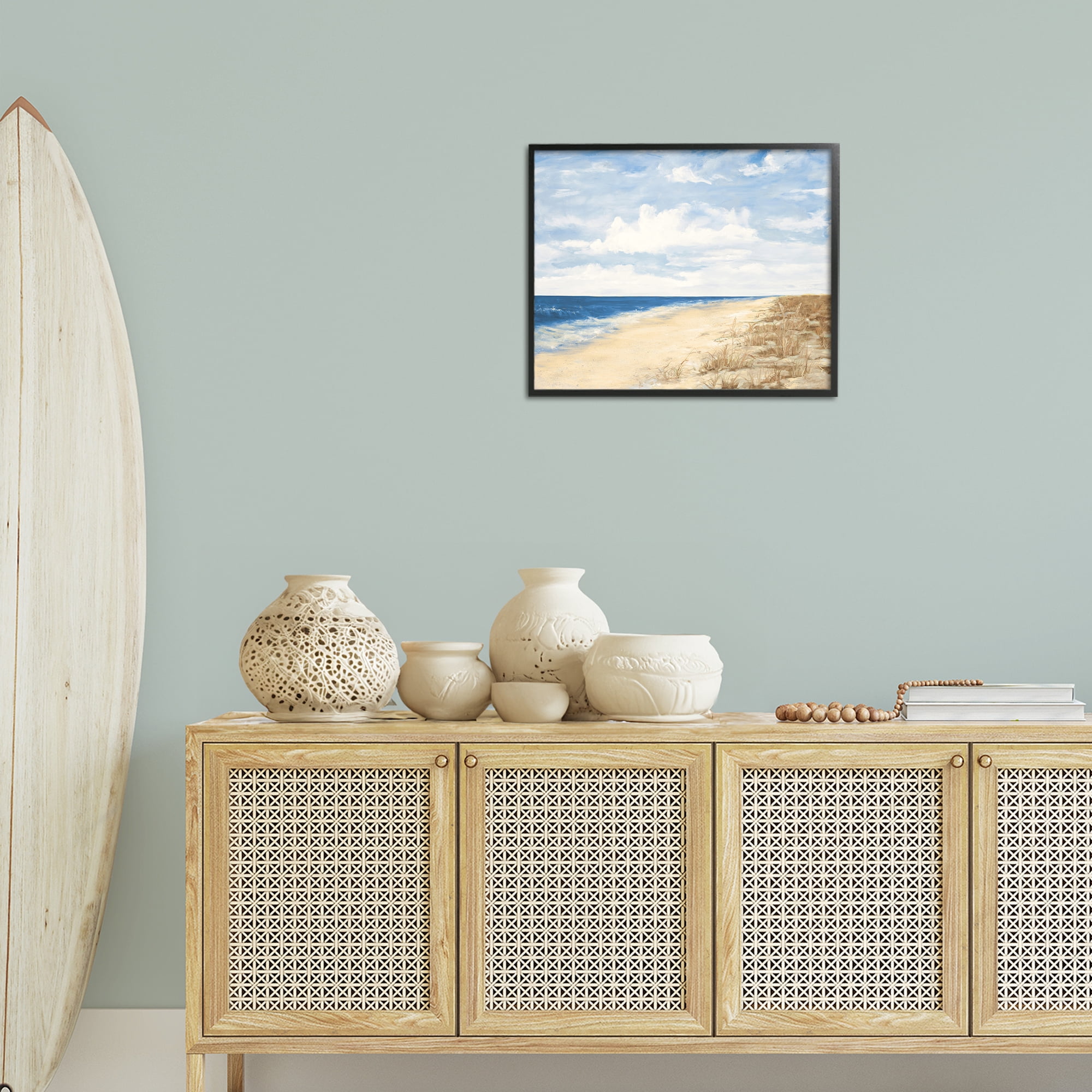 Stupell Industries Calm Beach Painting Coastal Painting Black Framed Art Print Wall Art, 20 x 16