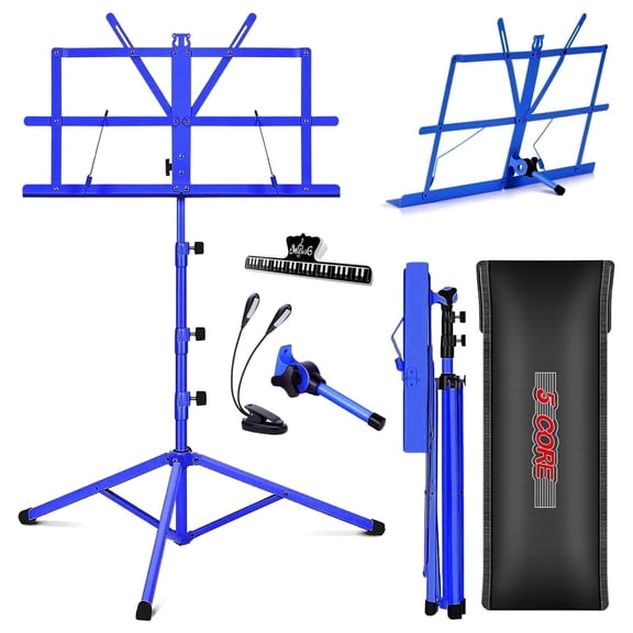 5Core Portable Tripod Adjustable Folding Music Stand With Light Note Holder, Blue, 67"