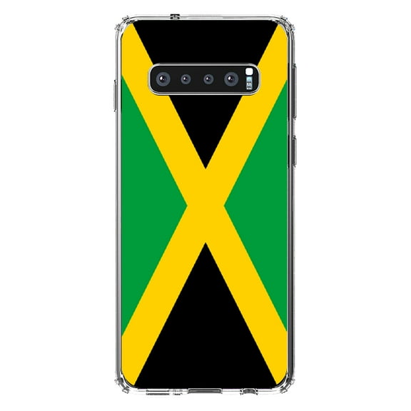 DistinctInk Clear Shockproof Hybrid Case for Samsung Galaxy S10 (6.1" Screen) - TPU Bumper, Acrylic Back, Tempered Glass Screen Protector - Jamaica Flag Black Green Yellow - Jamaica