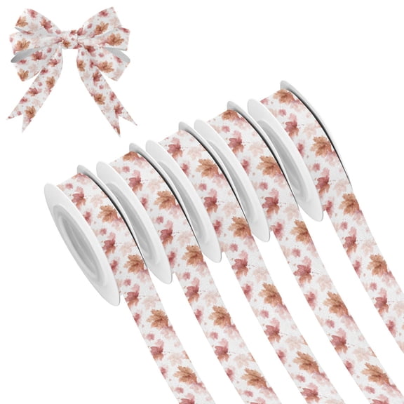 5 Rolls Christmas Ribbon 1.5 inch Wide Decorative Ribbon for Gift Wrapping and Holiday Decorations Watercolor Pink Maple Leaves