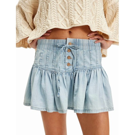 Women'S Denim A-Line Pleated Skirt Casual High Waisted Ruffle Flared Mini Skirts Light Blue M
